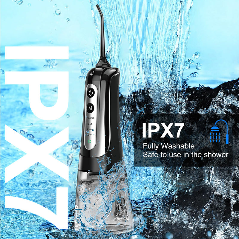 [Australia] - Water Dental Flosser Pick for Teeth: 4 Modes Cordless Portable Water Flossers Teeth Cleaner Rechargeable 300ML IPX7 Waterproof Oral Irrigator Flossing Cleaning Picks for Home Travel Black 