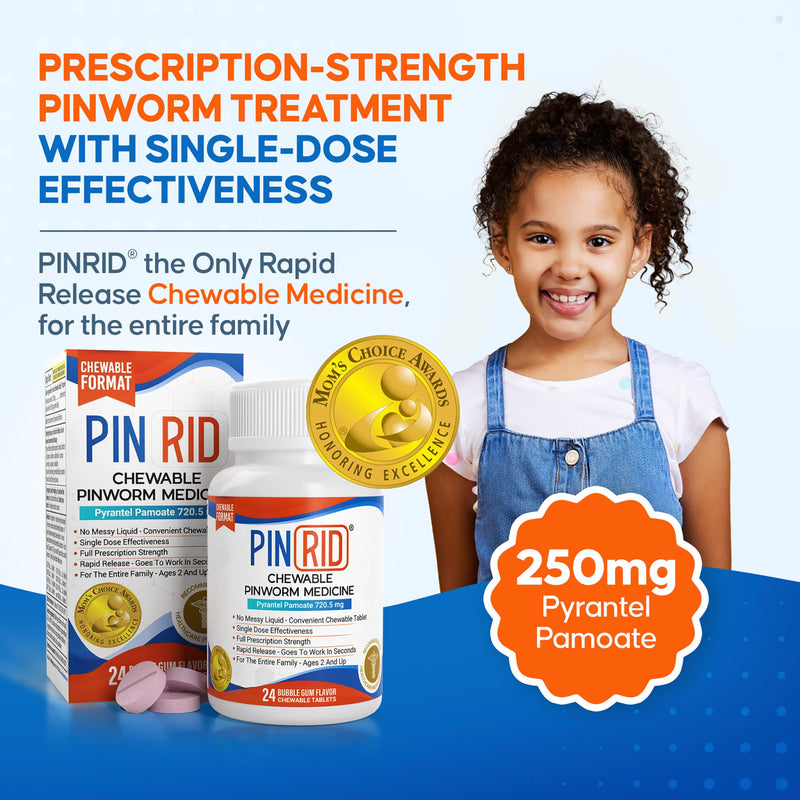 PIN RID Pinworm Medicine, 250mg Pyrantel Pamoate Chewable Tablets - Bubble Gum Flavor (24 Doses) - Prescription Strength Dewormer for Humans Adults & Kids Ages 2+ - Single-Dose Worm Treatment 24 Count (Pack of 1)