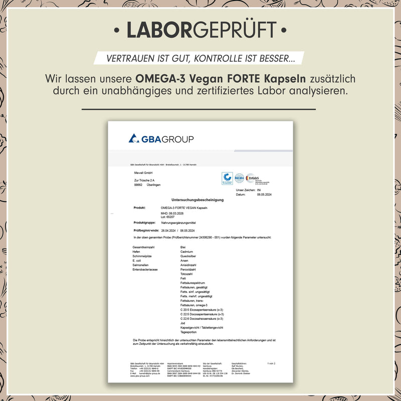 [Australia] - Omega-3 vegan FORTE - 60 capsules - 2000 mg algae oil per day - high dose with 630 mg DHA + 420 mg EPA - vegan Omega-3 algae oil capsules - DHA:EPA ratio 3:2 - laboratory tested with analysis certificate 60 pieces (pack of 1) 