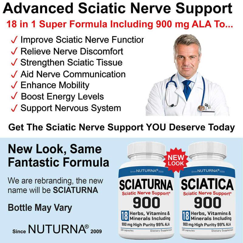 Sciatica Nerve Support Supplement with 900 mg HP-99 Alpha Lipoic Acid Formula - Max Strength ALA for Feet Hands Fingers Legs - Ultra Potent 18 in 1 Natural Peripheral Nerve Vitamins - 180 Capsules 180 Count (Pack of 1)