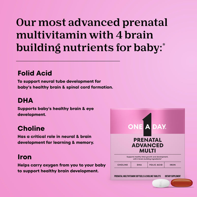 One A Day Prenatal Advanced- Prenatal Vitamins with Folic Acid, Choline, DHA & Iron, Pregnancy Vitamins for Women to Support Baby’s Development, 60+60 Ct (120 Total Set) (Packaging May Vary) 60+60ct (120 Total Set)