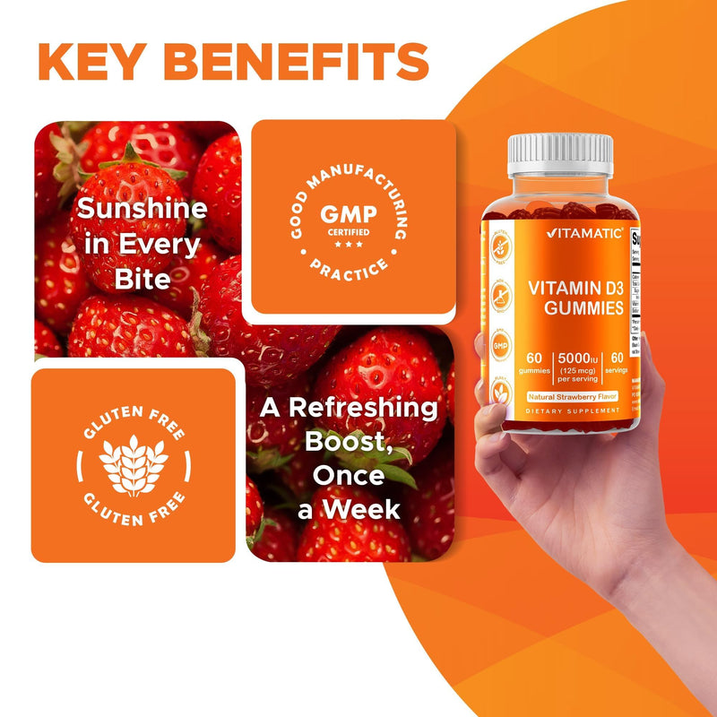 Vitamatic Vitamin D3 Gummies – 5000 IU Per Gummy | 60 Gummies | Vit D3 (Cholecalciferol), Natural Strawberry Flavor, Support Born, Teeth and Immune* Pectin Based, Non-GMO, Gluten Free 60 Count (Pack of 1)