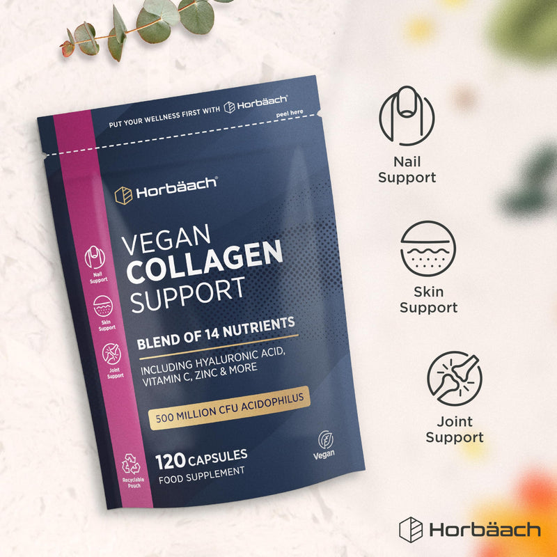 Vegan Collagen Supplements for Women & Men | with Hyaluronic Acid, Vitamin C, Zinc & More | Blend of 14 Nutrients Including 500 Million CFU Acidophilus | Collagen Support | 120 Capsules | by Horbaach