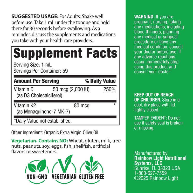 Rainbow Light Vitamin D3 + K2 as MK7 | 2 Fl Oz | 2,000IU Vitamin D | High Potency Formula | Vegetarian, Non-GMO, Gluten Free