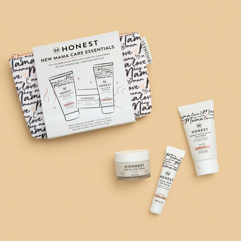 [Australia] - The Honest Company New Mama Care Essentials Gift Set | Hospital Bag Must Haves | Travel Size Nip Balm (0.5 oz), Glow On Body Cream (1 oz), Gotta Glow Face Wash (1.75 fl oz), Reusable Pouch New Mama Mini Essentials Set 
