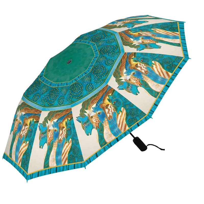 Laurel Burch Windproof Auto Open Close 43” Coverage Folding Travel Umbrella with Matching Sleeve Laurel Burch Sky Mares