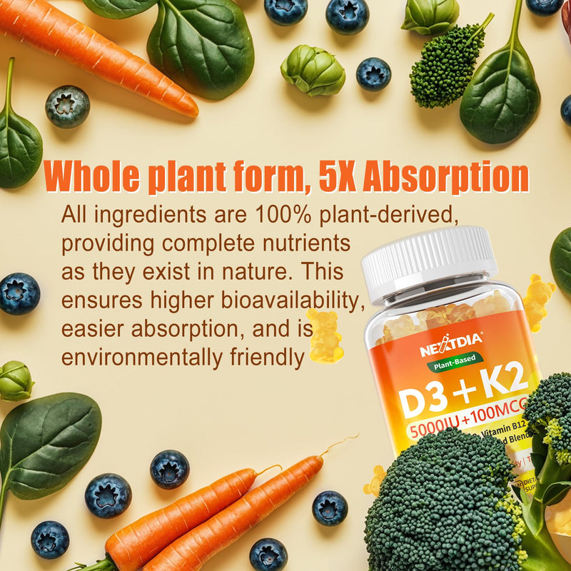 Nextdia Vitamin D3 K2 MK7 Gummies 5000IU with Magnesium Zinc for Adults | Whole-Food Plant-Based with Vitamin C, B12, Omega-3 & 5 Organic Veggies; Bone, Teeth, Energy & Immune Support, Sugar Free 60 Count (Pack of 2)