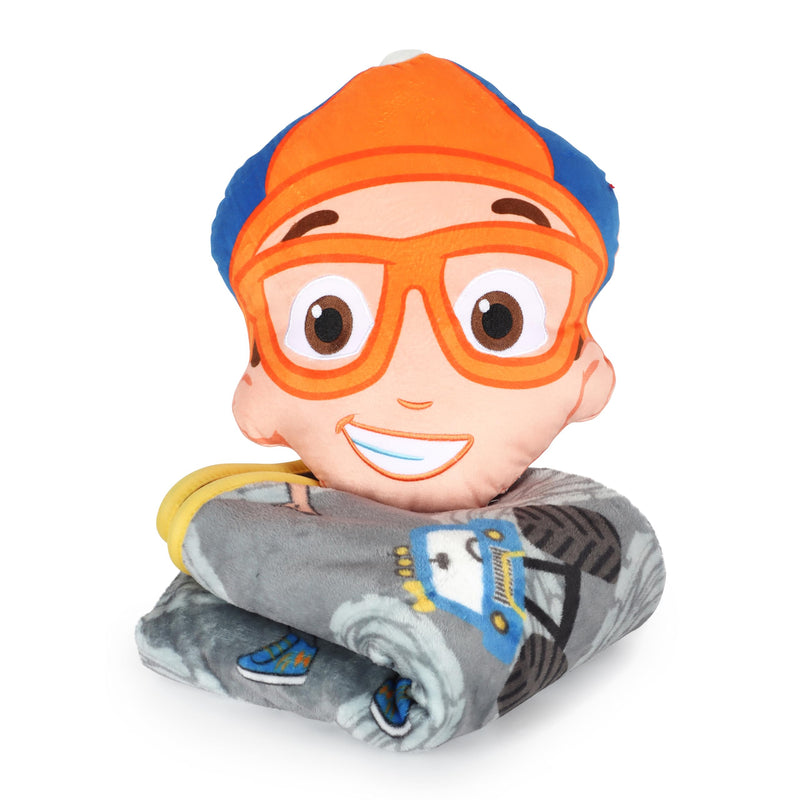 Jay Franco Kids Nogginz Set – 12" Inches Nogginz Pillow & 40" x 50" Inches Cozy Plush Throw Blanket, Ultra-Soft Character Nap Set for Travel, Bedroom & Couch Décor, Gray - Blippi