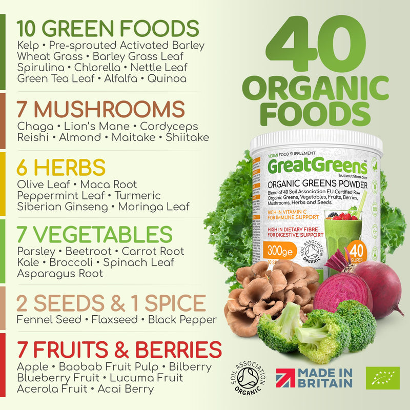 GreatGreens - Organic Greens Powder - Large 300g Blend 40 Raw Superfoods - Greens, Vegetables, Super Fruits, Berries, Sprouts and Mushrooms - High Fibre Vegan Daily Juice Smoothie Drink - 30 Servings