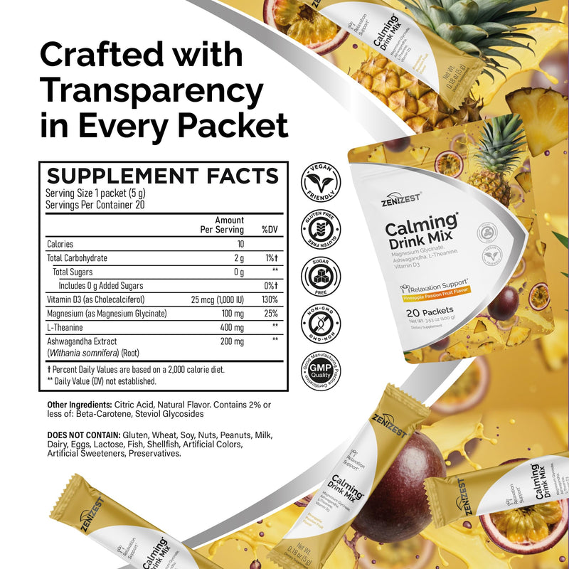 Calming Drink Mix Powder - Natural Cortisol Balance Calm | Sleep Stress Support with Magnesium Glycinate Ashwagandha L-Theanine Vitamin D3 - Pineapple Passion Fruit Flavor 20 Packets 3.53 Ounce (Pack of 1)