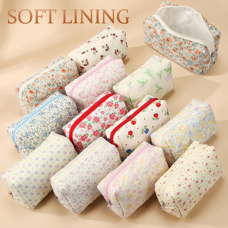 Paterr 12 Pcs Quilted Makeup Bags Bulk, Cotton Floral Cosmetic Bags, Aesthetic Makeup Pouch, Travel Toiletry Bag, Quilted Pencil Pouch, Floral Emergency Bag with Zipper for Women Bridesmaid Gifts