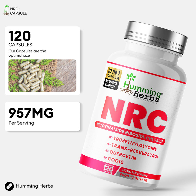 Humming Herbs NRC Nicotinamide Riboside Complex 300 mg | 60 Day Supply | with TMG Resveratrol Quercetin ALA CoQ10 B6 B2 Folate | 120 Vegan Capsules | Vitamin Supplement