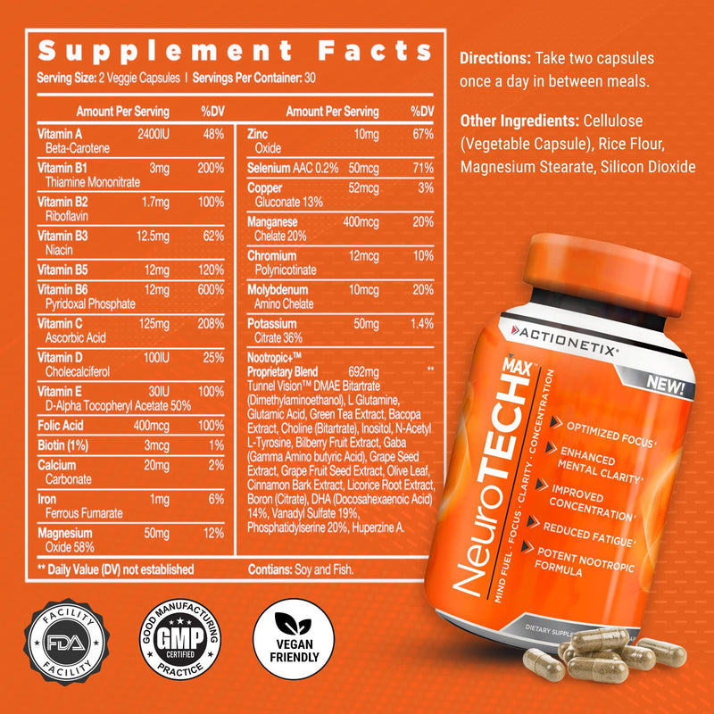 [Australia] - NeuroTech MAX Brain Supplements for Memory and Focus, Caffeine Free Nootropic Brain Supplement, Rich Brain Supplements with DMAE, Bacopa, Huperzine for Atheletic Performance 