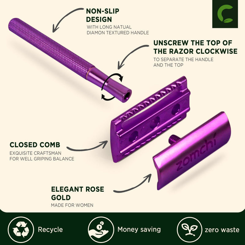 [Australia] - Double Sided Safety Razor for Men and Women with 5 Blades, Eco-Friendly Razor, Metal Razor with Exquisite Handle (Purple) Purple Razor 