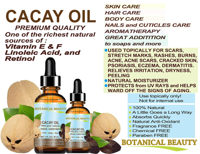 Botanical Beauty CACAY OIL 100% Pure Natural Virgin Unrefined Cold-Pressed Carrier Oil WILD GROW 0.5 Fl Oz 15 ml For Face, Skin, Body, Hair. Anti Wrinkle Face Oil Natural Retinol Vitamin A, Vitamin E