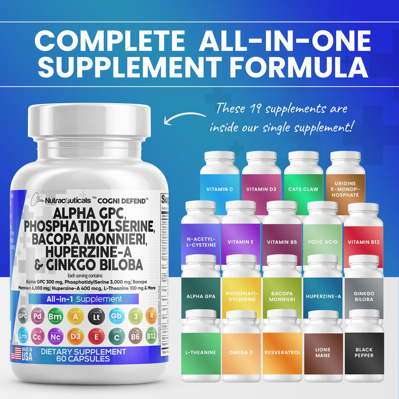 [Australia] - Clean Nutraceuticals Alpha GPC Choline 300mg Phosphatidylserine 3000mg Bacopa Monnieri 6000mg Ginkgo Biloba 2000mg Huperzine A 400mcg Supplement with Urdine Lions Mane Cats Claw NAC Vitamin C B D E 
