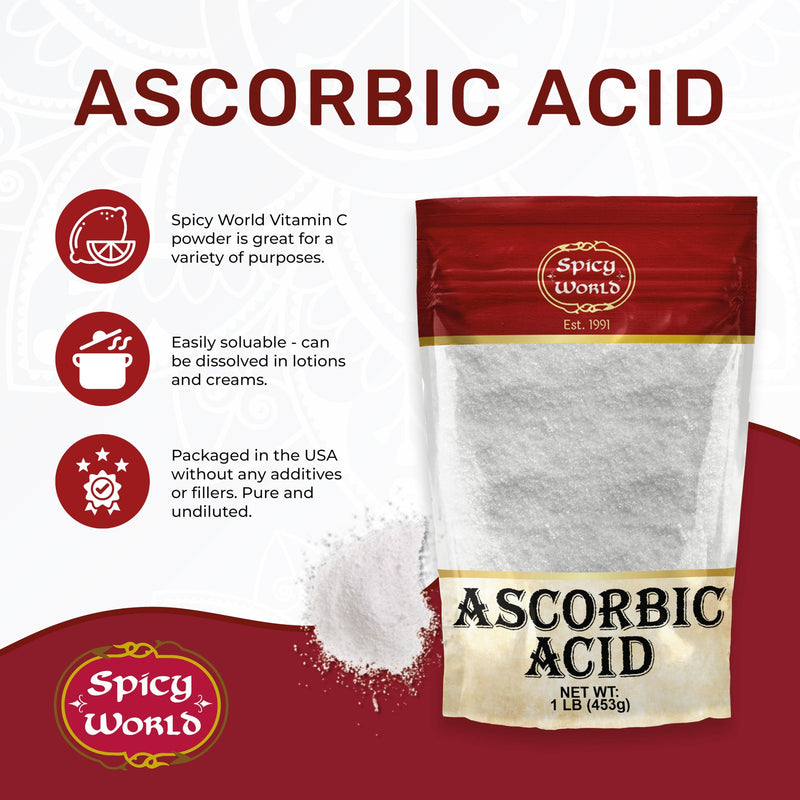 Spicy World Ascorbic Acid 1 LB Bulk Bag - Pure Vitamin C Powder - 100% Pure, Food Grade, Can be Used for Canning, Fruit, Pools - USP Grade 16 Ounce (Pack of 1)