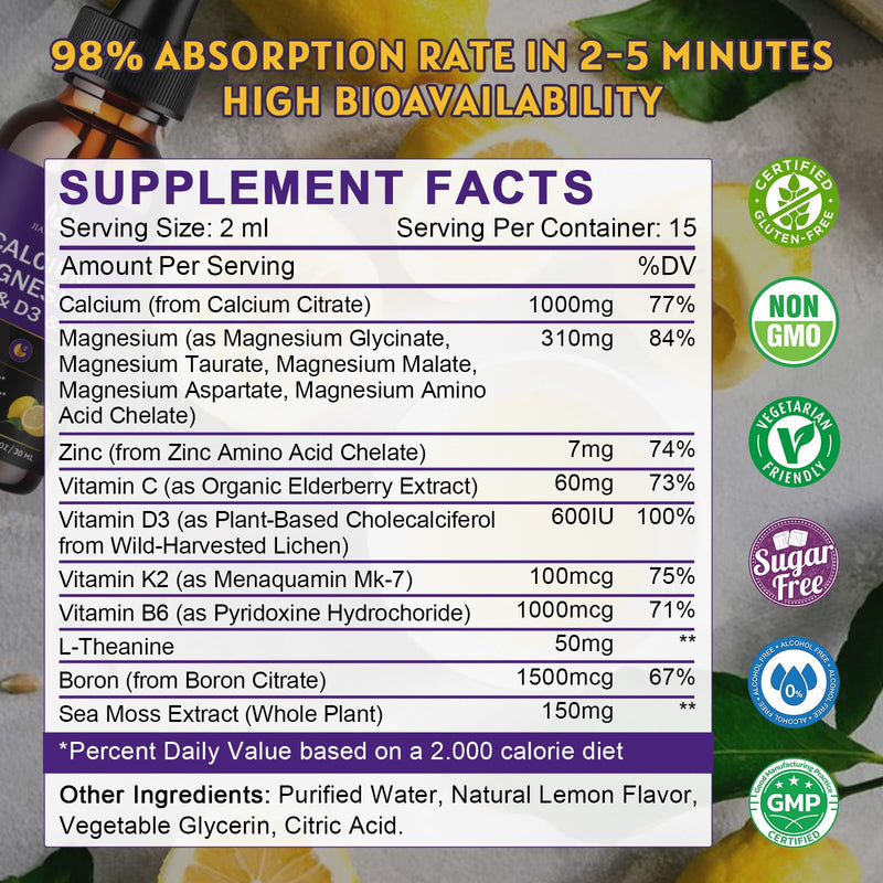 (4 Pack) Calcium Magnesium Zinc Liquid Drops for Women and Men - Bone & Teeth, Immune Support, Liquid Calcium Supplement with Magnesium Glycinate, Vitamin C D3 K2 B6, Lemon Flavor | Sugar Free 1 Fl Oz (Pack of 4)