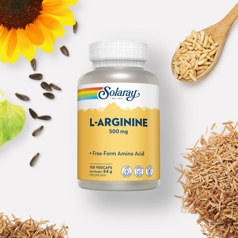 Solaray L‑Arginine 500mg – 100 Vegan Capsules – Pure Free‑Form Amino Acid – Gluten Free – Lab Verified