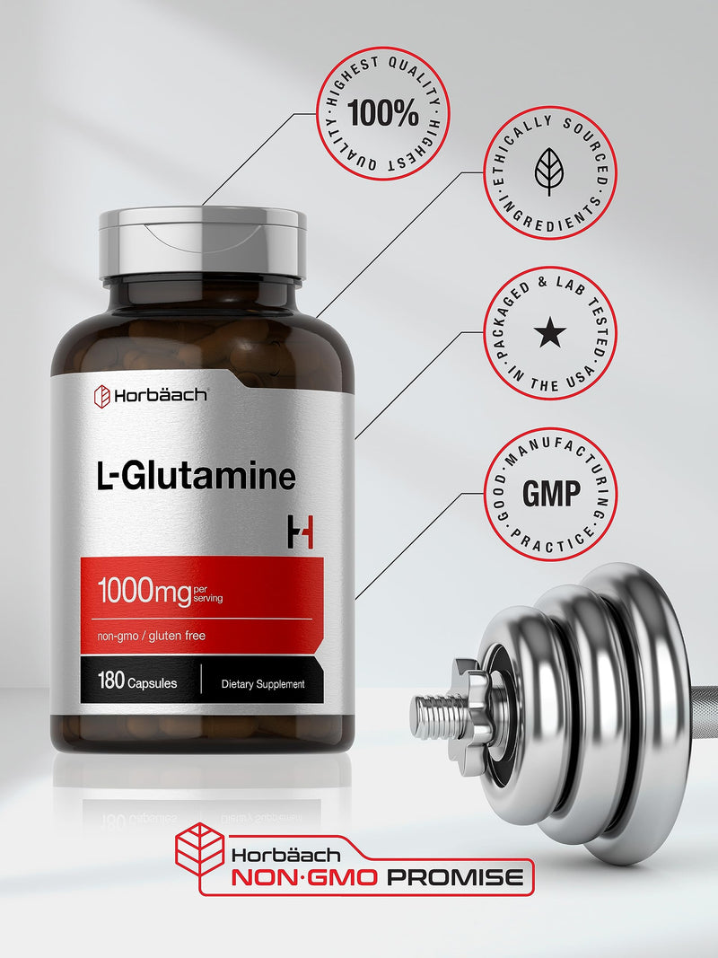 Horbäach L Glutamine Capsules | 1000mg | 180 Count | Pre and Post Workout | Non-GMO, Gluten Free Supplement