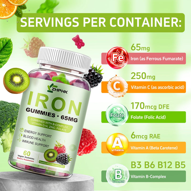 Iron Gummies for Women Men 65mg Iron & Vitamin C 250mg with B6 B12 Folate | 65mg Iron, Vitamin C 250mg, B6, B12, Folate, Energy Support for Iron Deficiency, Anemia Raspberry Kiwi & Blackberry 60 Count (Pack of 2)
