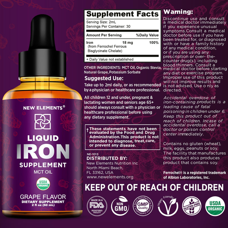[Australia] - Iron Supplement for Women & Men Free Blood Builder, Iron Vitamin for Anemia USDA Organic Liquid Iron Drops for Adults with MCT Oil, Natural Grape Flavor, Faster Absorption & Immune Support, 2 Fl Oz 