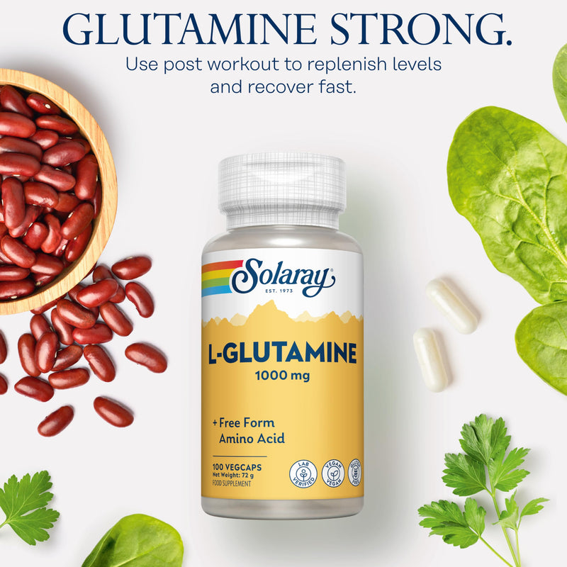 Solaray L-Glutamine 1000mg - 100 Vegan Capsules - High Strength Glutamine Amino Acid - Post Workout Recovery Supplement for Men & Women - Lab Verified & Magnesium Stearate Free