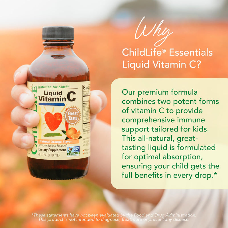 CHILDLIFE ESSENTIALS Liquid Vitamin C Low Sugar Kids, 4 Fl Oz (Pack of 3) | Pure Vitamin C Liquid Supplement, Toddlers, Babies, Immune System Support, Natural Orange Flavor, Kids, Low Sugar 4 Fl Oz (Pack of 3)