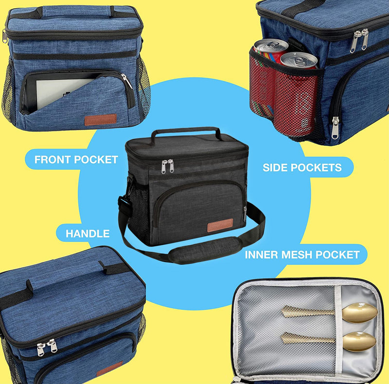 [Australia] - Insulated Lunch Bag for Women/Men - Reusable Lunch Box for Office Picnic Hiking Beach - Leakproof Cooler Tote Bag Organizer with Adjustable Shoulder Strap for Adults - Black 