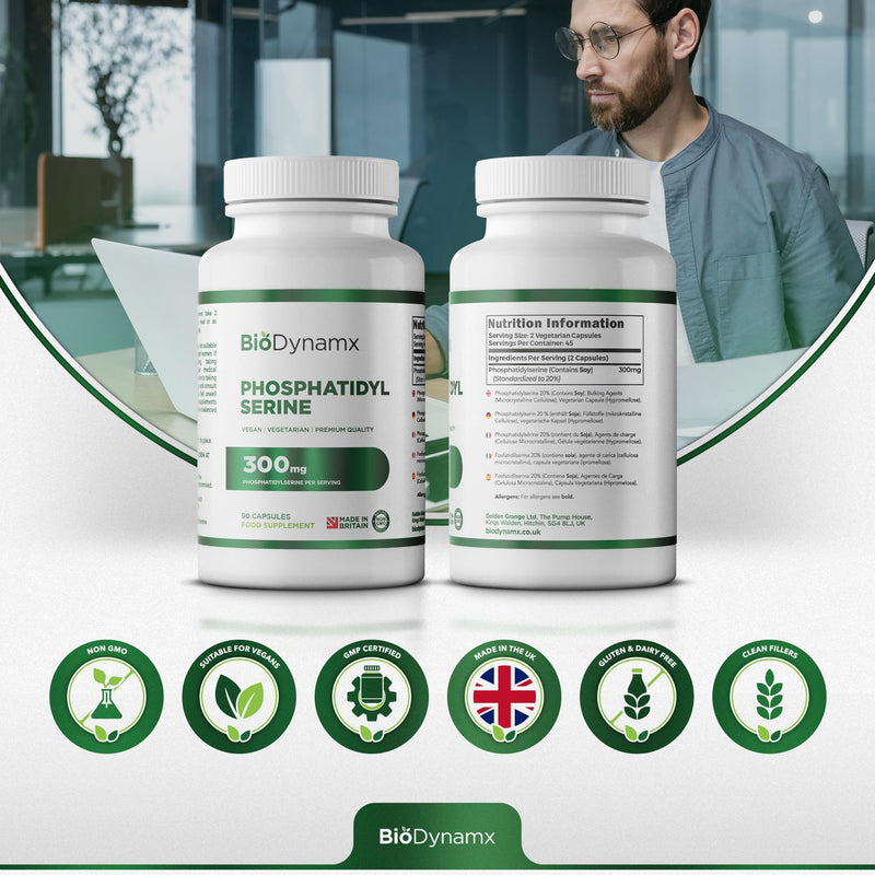 Phosphatidylserine – 300 mg Active PS, 90 Vegan Capsules (45 Day Supply) – High-Strength Brain & Focus Support, Gluten & Dairy Free, Made in UK