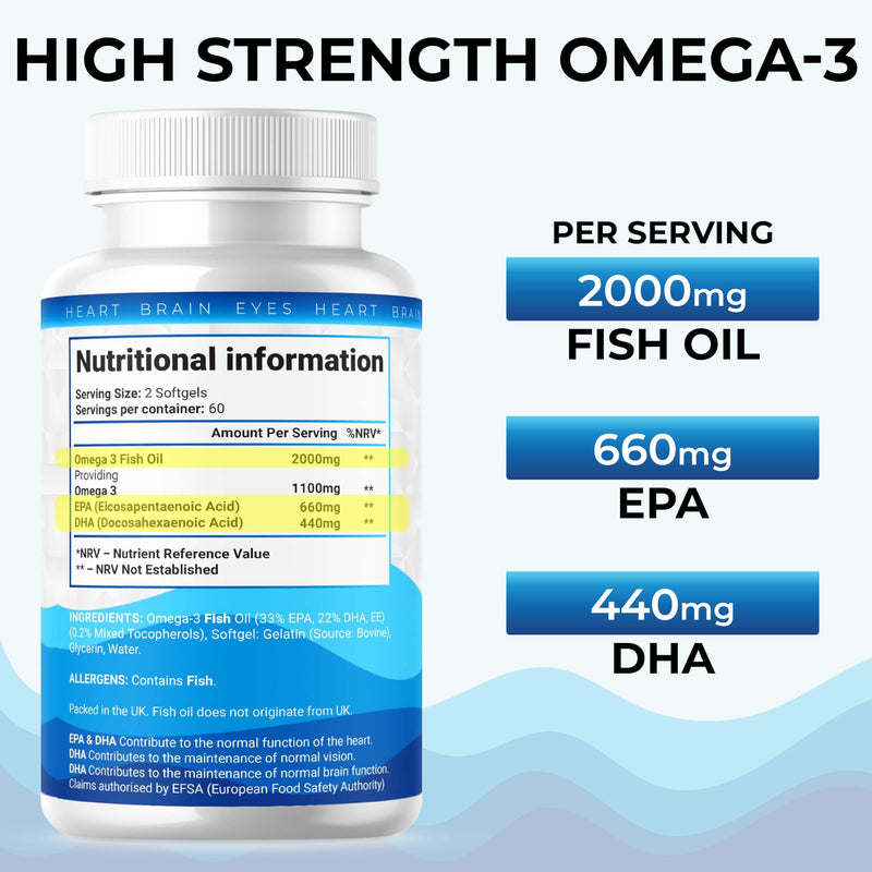 Omega 3 Fish Oil - High Strength 2000mg - 660mg EPA 440mg DHA per Serving | 240 Softgels - 4 Month Supply | Omega-3 Fatty Acid Softgel Capsules - Supports Heart Health, Brain, Vision - Shivay Herbals 120 count (Pack of 2)