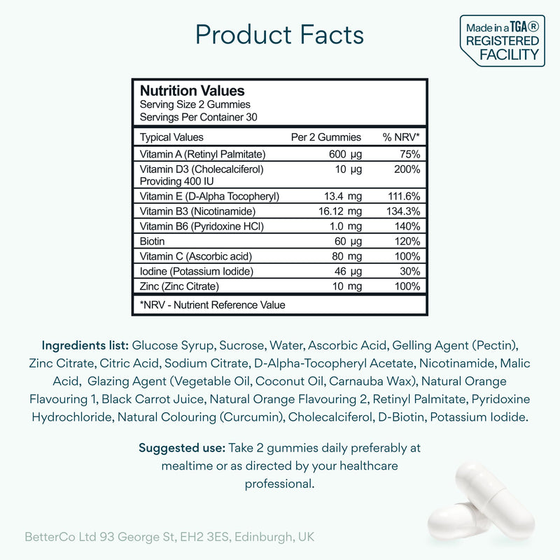 Bettervits Multivitamin Gummies with Zinc and Iodine | Immune Support & Energy with Gummy Vitamins A, B3, B6, C, D, E, Biotin | Chewable Multivitamins for Women, Men and Adults | 60 Gummies