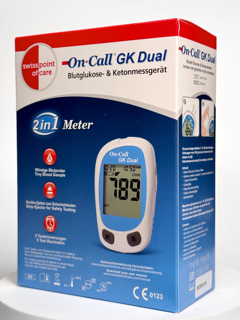 [Australia] - Swiss Point Of Care GK Dual Ketone Pack - 1x GK Dual measuring device (mmol/l) & 1x ketone test strips (25 pieces) in a set for ketone measurement Glucose test strips, lancets etc. NOT included in the set 