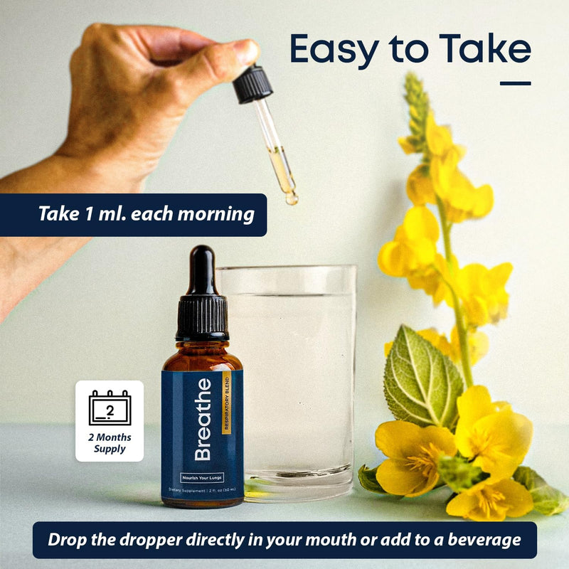 BREATHE 8-IN-1 Mullein Drops for Lungs & Airways 2 fl.oz. - Peppermint, Thyme, & Mullein Leaf Extract - Lung Detox for Smokers - Break up Mucus & Breathe Clear- GMO-Free & Made in USA- 2 months supply 2 Fl Oz (Pack of 1)