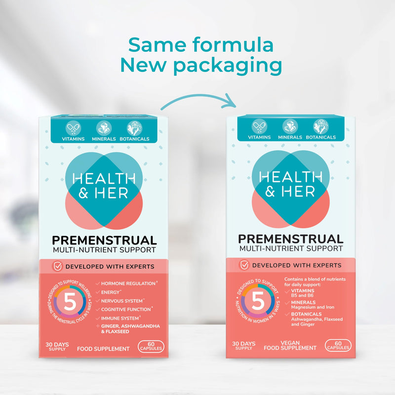 Health & Her Premenstrual Supplements for Women - with Ashwagandha, Flaxseed and Ginger Root - 2 Month Supply, 120 Capsules - Vegan & Gluten Free 60 count (Pack of 2)