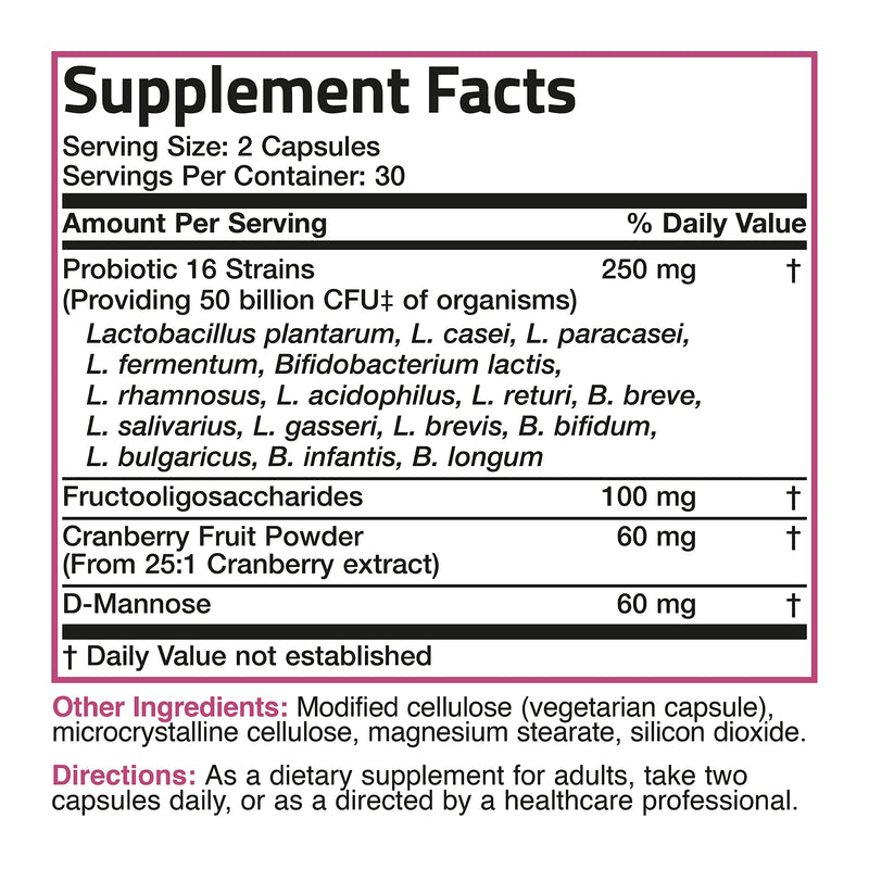 [Australia] - Bronson Women's Probiotic 50 Billion CFU + Prebiotic with Cranberry & D-Mannose – Vaginal Health, Healthy Digestion, Immune Function and Urinary Tract Support, NON-GMO, 60 Vegetarian Capsules 60 Count (Pack of 1) 