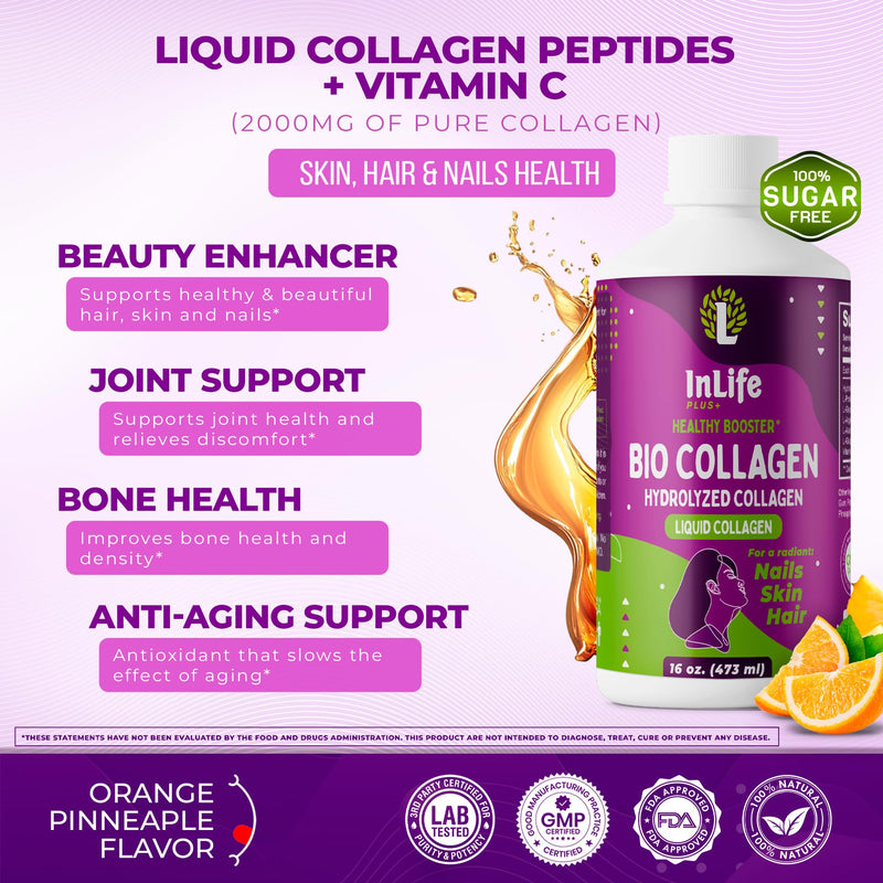 Liquid Collagen for Women & Men (16 oz) Extra Strength hydrolyzed Collagen peptides, with Vitamin C, Glowing Skin Support, Hair, Muscles, Nail Supplement, Gluten Free, Non GMO (1) 1