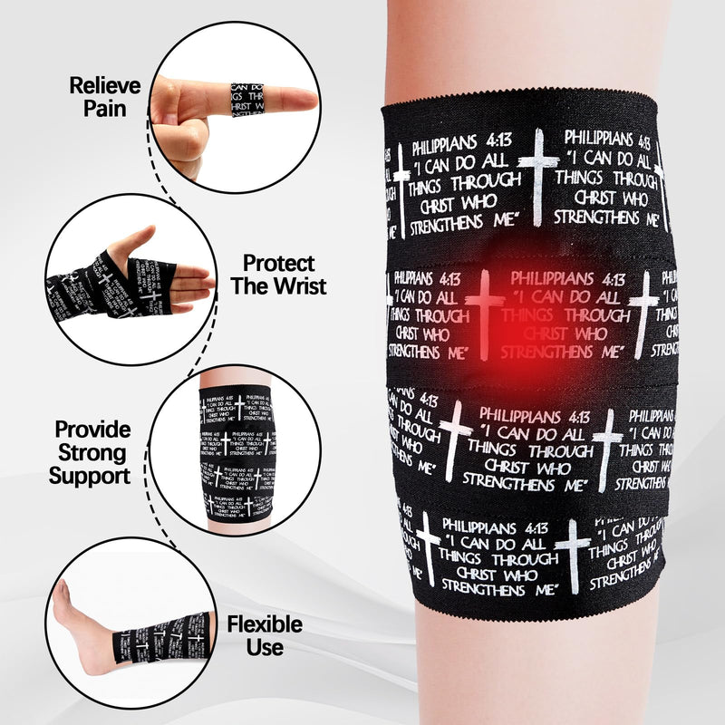 5Pcs Christian Athletic Tapes 2in x 23ft Black Cotton Zinc Oxide Sport Tape Faith Cross Sports Wristbands Religious Bible Verse Wrist Tape for Football Baseball Gymnastic Boxing First Aid Injury Wrap 5