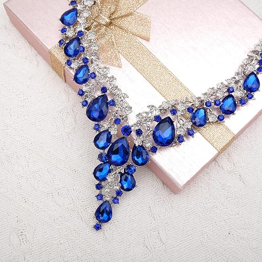 [Australia] - 4 Pcs/Set Austrian Crystal Necklace Earrings Bracelet Ring Bridal Jewelry Sets for Brides Wedding Party Costume Accessories Gifts for Women white gold plated-royal blue 