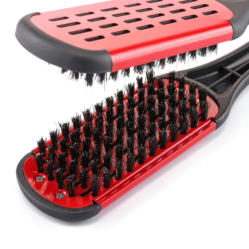 [Australia] - Aethland Double Sided Brush Clamp Straightener, Boar Bristles Clamp Hair Straightening Brush With Detangler - Hair Styling Tool #03 Red 