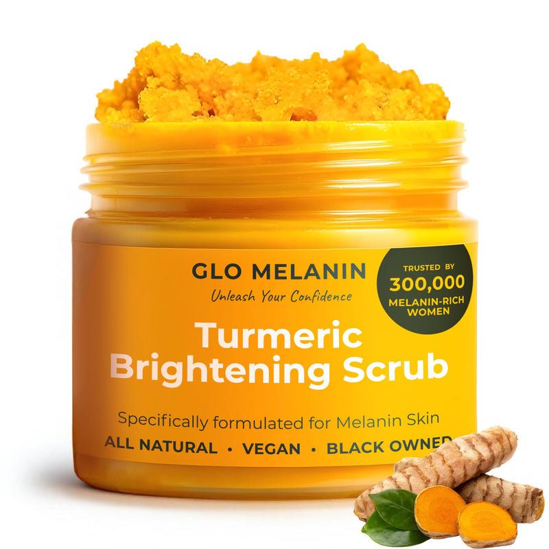 Glo Melanin Turmeric Brightening Scrub for Dark Spots [4 oz] | Includes Jojoba Oil - Sea Salt & Vitamin E, Brightening for Inner Thighs - Bikini Area - Underarms, Natural, Exfoliating 7 Ounce (Pack of 1)