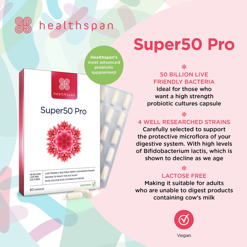 Healthspan Super50 Probiotic | Gut Health | with Vitamin D3 | 50 Billion Live Probiotic Cultures | Vitamin B6 | Calcium | Vegetarian (60 Capsules) 60 count (Pack of 1)