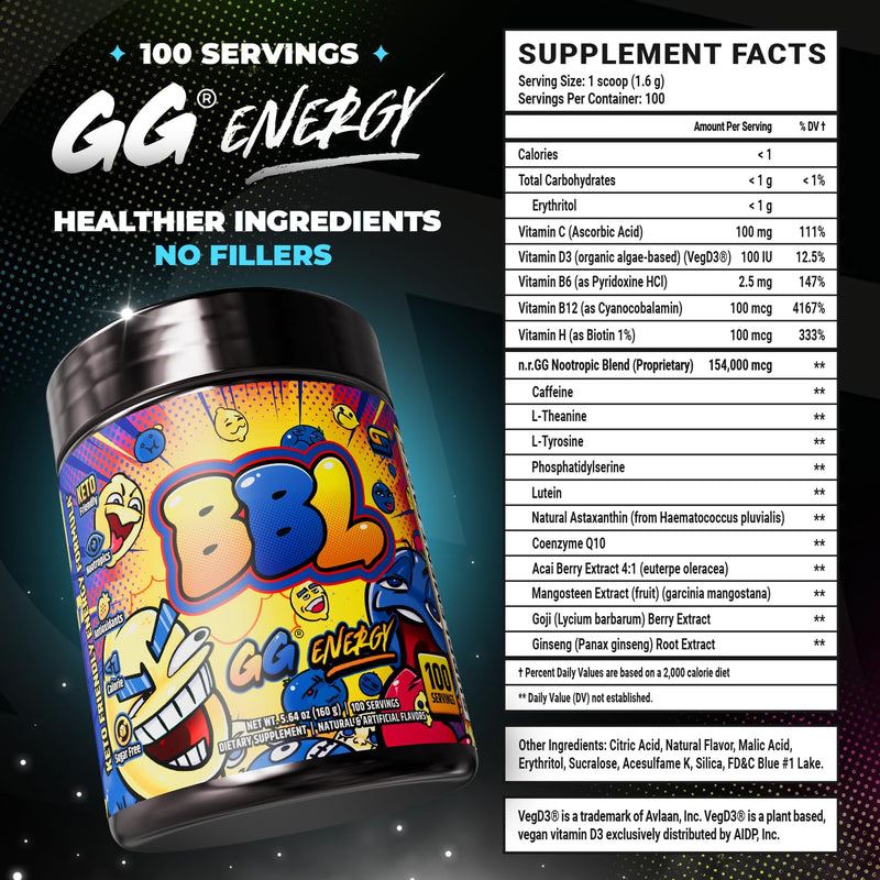 Gamer Supps GG Energy - BBL by Clooless (100 Servings) - Keto Friendly Gaming Energy and Nootropic Blend, Sugar Free + Caffeine + Vitamins + Immune Support, Powder Drink