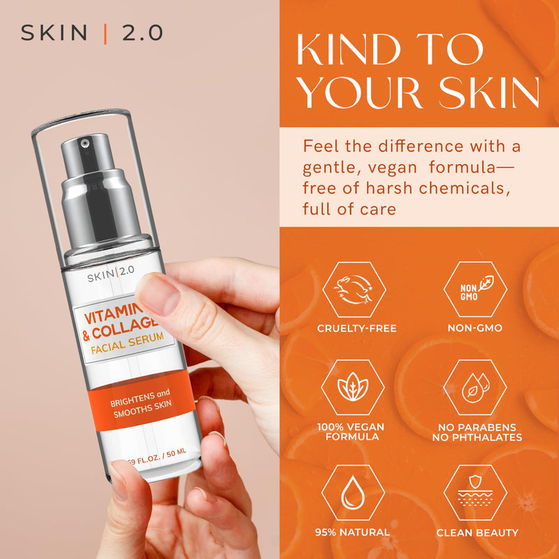 Skin 2.0 Vitamin C Serum - Dermatologist Tested, Anti-Aging & Dark Spot Remover - Brightening, Clean Beauty, Cruelty-Free, Korean Skincare for Glass Skin, All Skin Types - 1.69 Fl. oz Vitamin C and Collagen