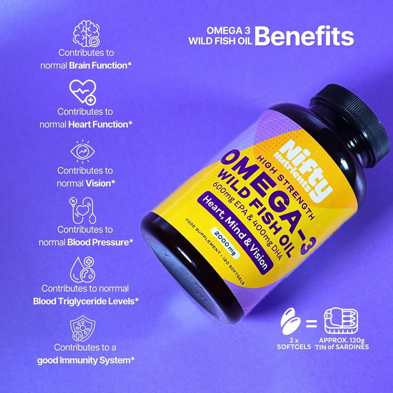 Omega 3 Capsules High Strength Pure Natural Wild Fish Oil Capsules | 2000mg High Strength Softgels | Providing a High Source of EPA & DHA | Made in the UK