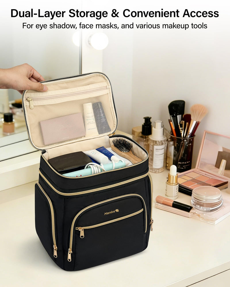 Hanke Large Toiletry Bag for Women Travel, Double Layer Organizer with Wide Opening for Full-Size Cosmetics & Toiletries, 12.2L Water-Resistant Makeup Bag,Black Black