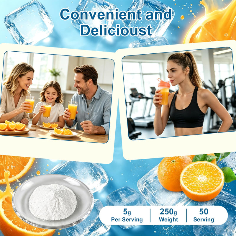 Sodium Free Electrolyte Powder with 1000mg Vitamin C Orange Flavor | Sugar Free 250g Vegan Keto Low Sodium Hydration Supplement for Adults & Kids, Gluten Free, Non-GMO, No Additives, Plant-Based
