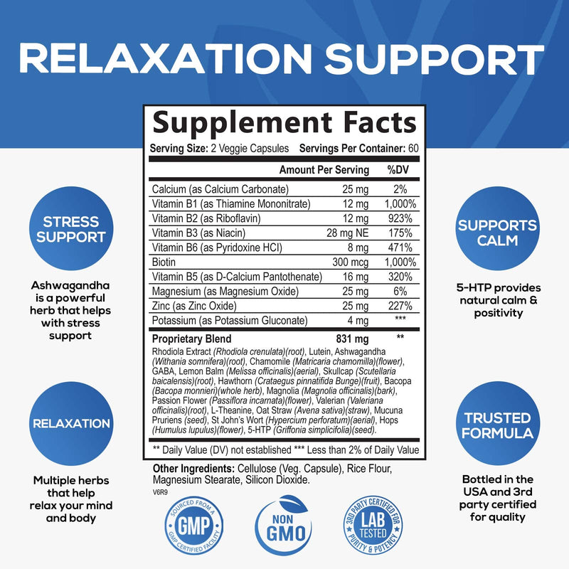 [Australia] - Stress Support Supplements for Mood & Calming with Ashwagandha, GABA, Magnesium, 5-HTP, L-Theanine & B Vitamins, Natural Immune & Stress Support to Relax, Focus, Unwind - Vegan, Non-GMO - 120 Capsules 120 Count (Pack of 1) 