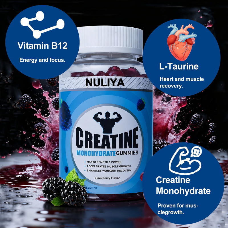Creatine Gummies, 5000mg per Serving, with Added Taurine and Vitamin B12, Easily Supports pre- and Post-Workout Performance and Muscle Strength, Berry-Flavoured Vegan Gummies（60）