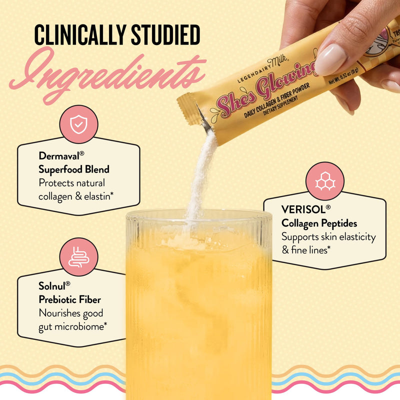 Legendairy Milk She's Glowing Collagen Powder & Prebiotic Fiber, 18 Sticks | Tropical drink mix with VERISOL peptides, Solnul starch & Vitamin C. Sugar-free digestive support for women's daily wellness